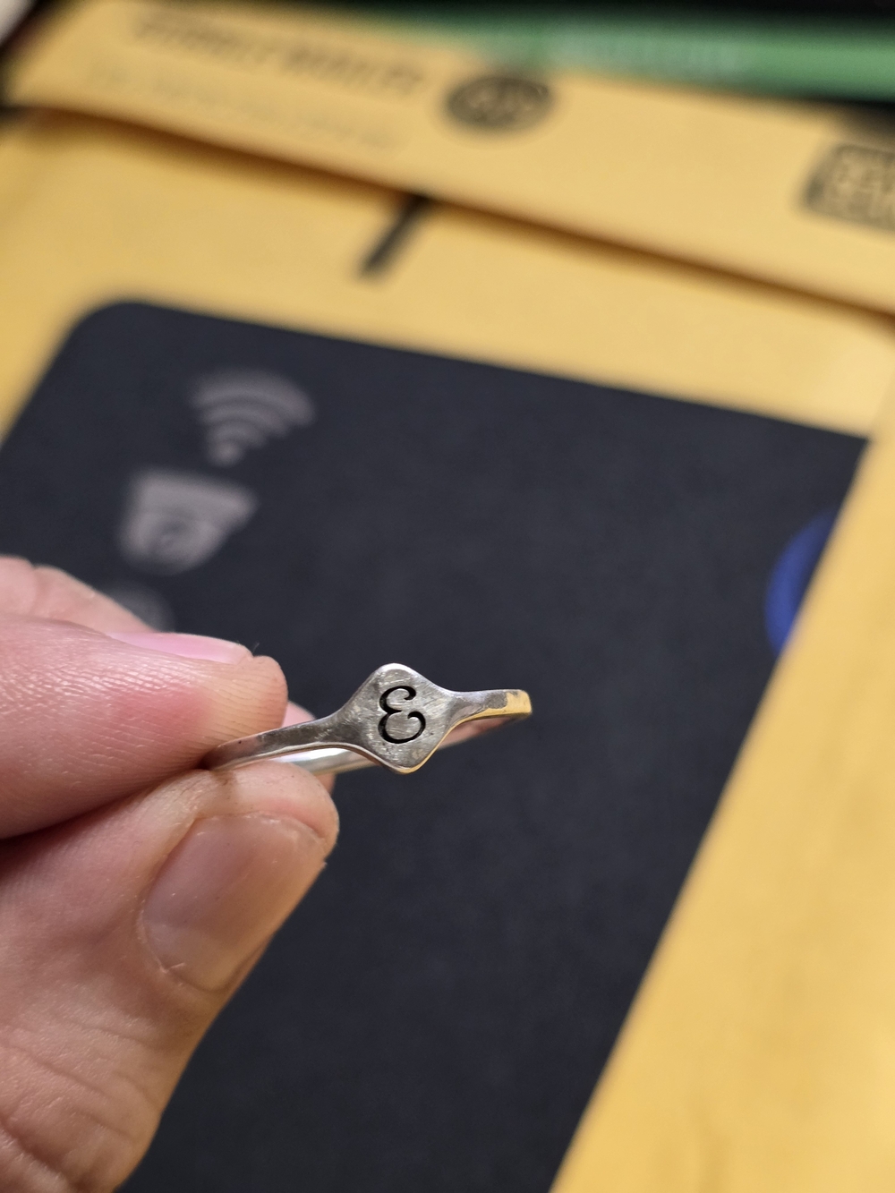 Dainty Hammered Signet Ring With E Encrypted